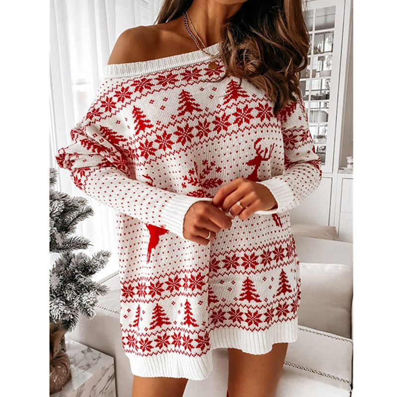 Women's Christmas Sweater – Oversized Off-the-Shoulder Holiday Sweater in Red & White, Cozy Festive Knit