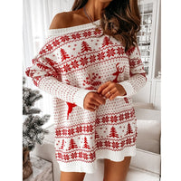 Women's Christmas Sweater – Oversized Off-the-Shoulder Holiday Sweater in Red & White, Cozy Festive Knit