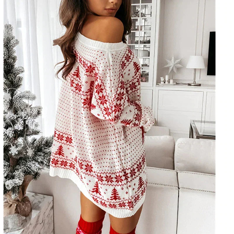 Women's Christmas Sweater – Oversized Off-the-Shoulder Holiday Sweater in Red & White, Cozy Festive Knit
