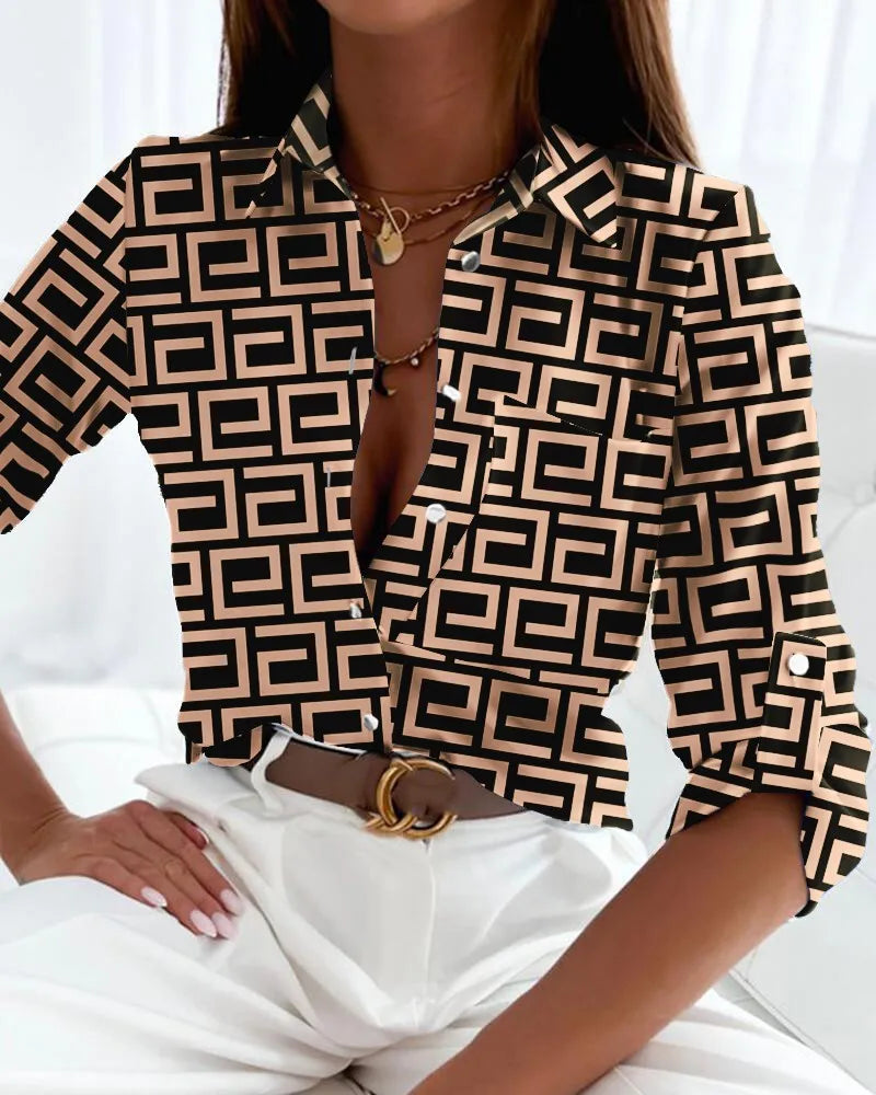 Women's Elegant Printed Blouse with Chic Artistic Design