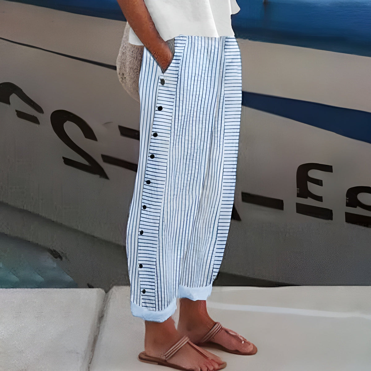 Women's High-Waisted Striped Wide-Leg Trousers