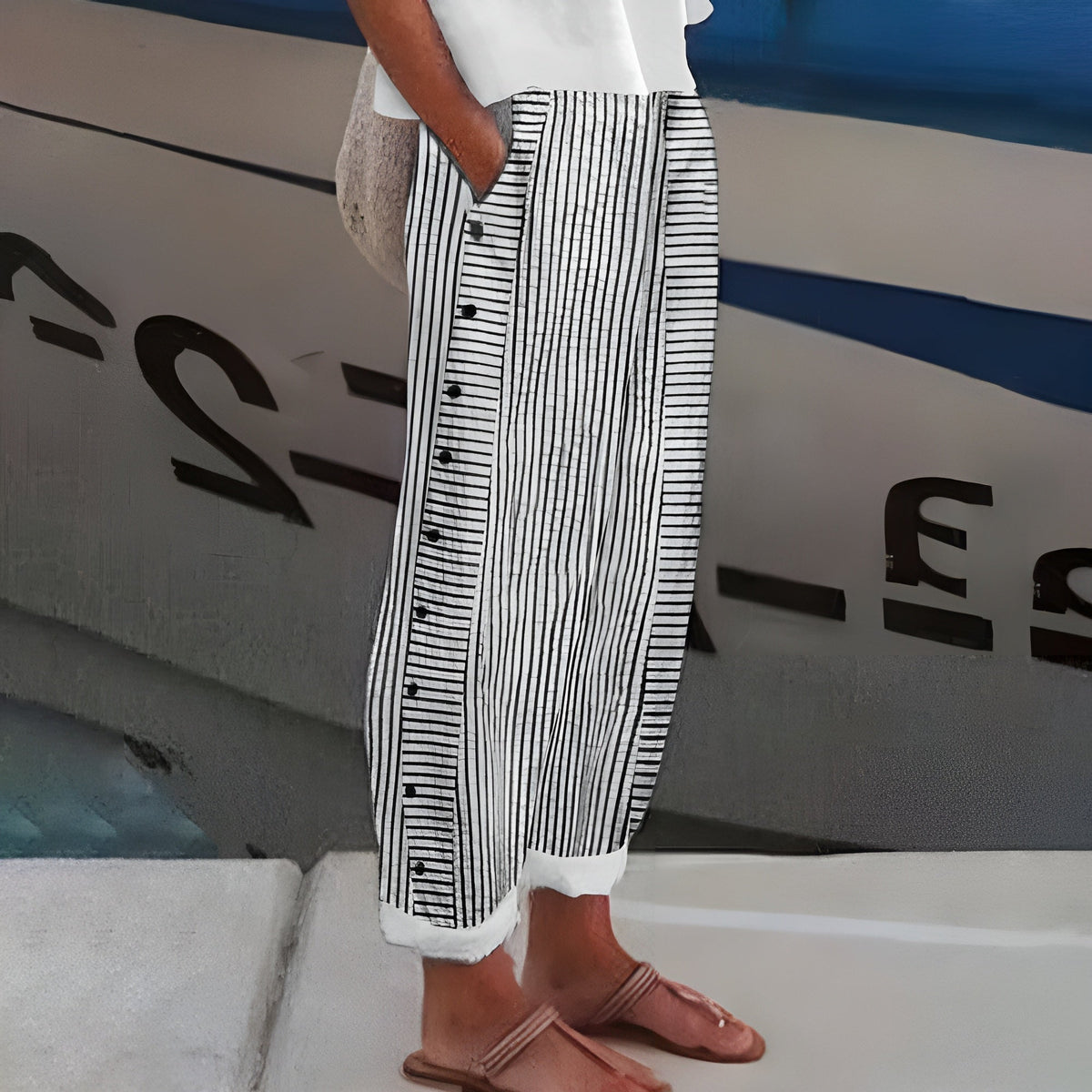 Women's High-Waisted Striped Wide-Leg Trousers