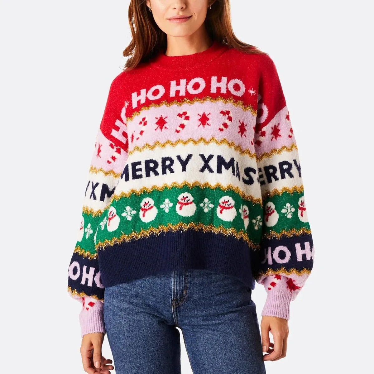 Women's Knitted Christmas Sweater – Colourful Sweater with Ho, Merry Christmas and Snowflake Pattern