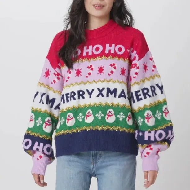 Women's Knitted Christmas Sweater – Colourful Sweater with Ho, Merry Christmas and Snowflake Pattern