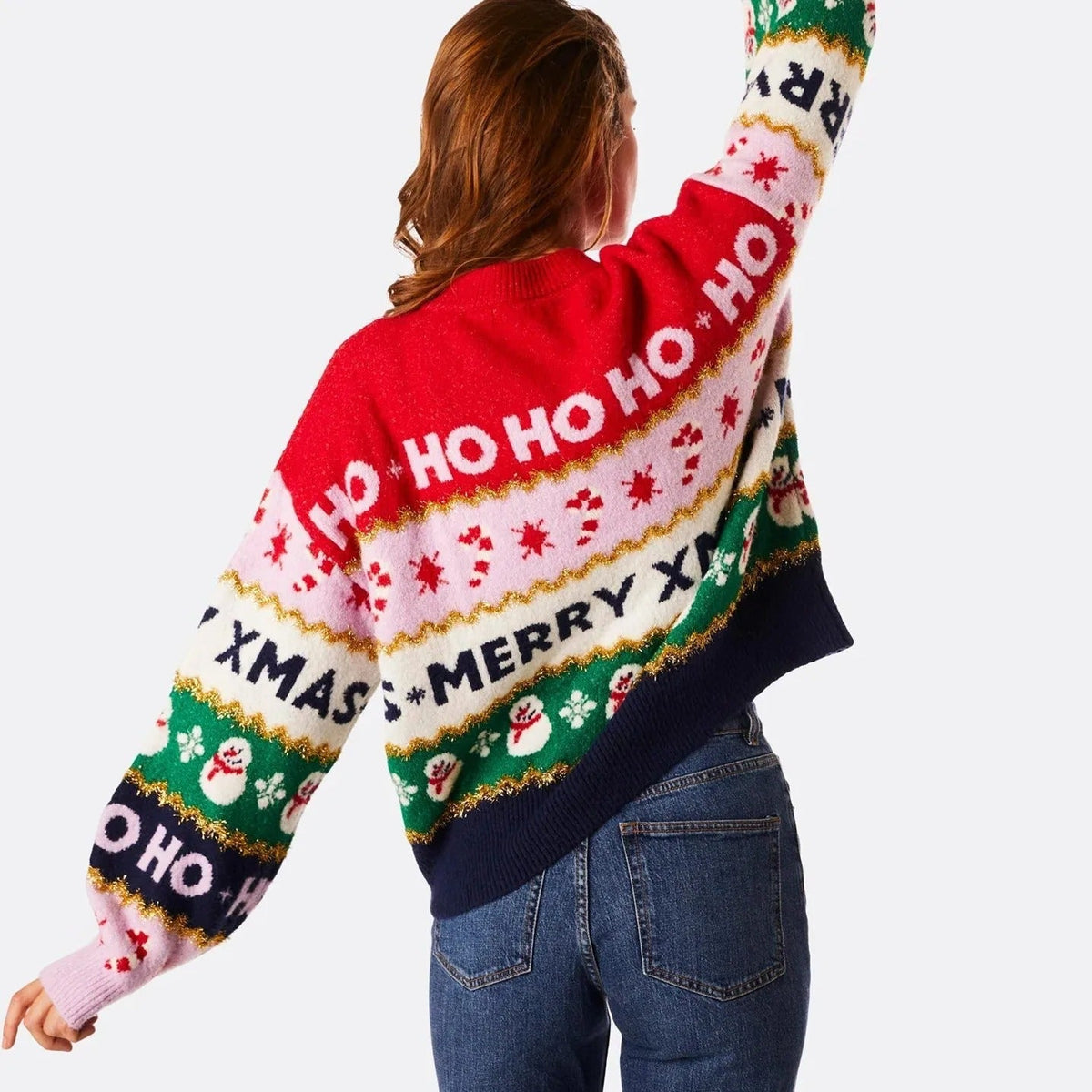 Women's Knitted Christmas Sweater – Colourful Sweater with Ho, Merry Christmas and Snowflake Pattern