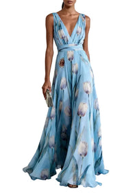 Women's Long Formal Dress with Print and Flowing Skirt