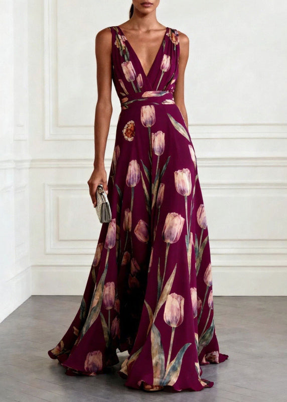 Women's Long Formal Dress with Print and Flowing Skirt