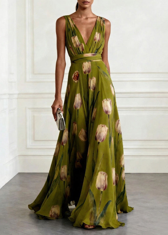 Women's Long Formal Dress with Print and Flowing Skirt