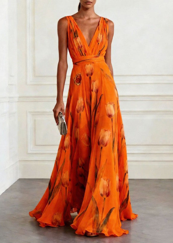 Women's Long Formal Dress with Print and Flowing Skirt