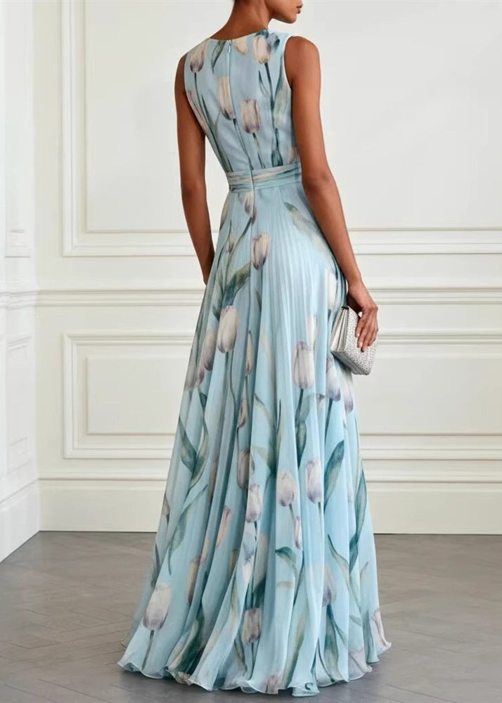 Women's Long Formal Dress with Print and Flowing Skirt