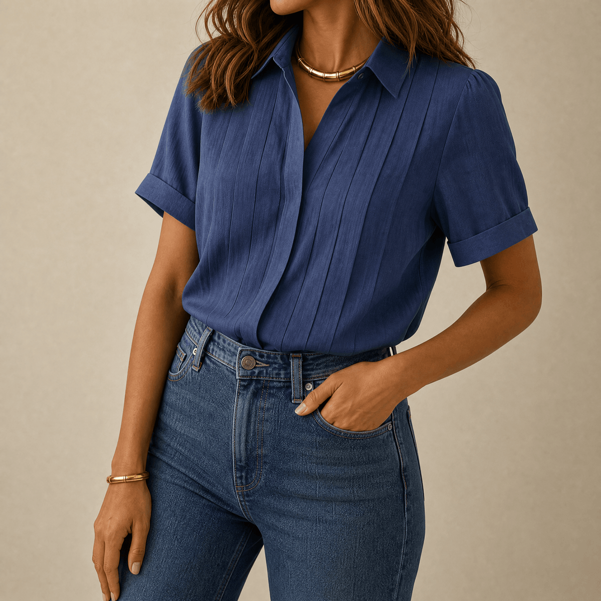 Women's Pleated Short-Sleeve Blouse