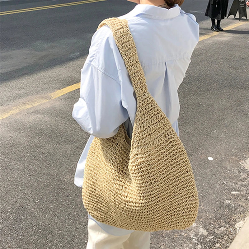 Women's Shoulder Bag in Woven Textured Polyester with Paper Lining - Spacious Shopping Bag with Two Long Handles