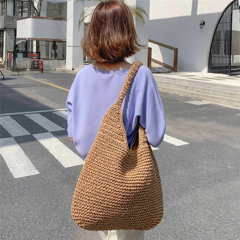Women's Shoulder Bag in Woven Textured Polyester with Paper Lining - Spacious Shopping Bag with Two Long Handles