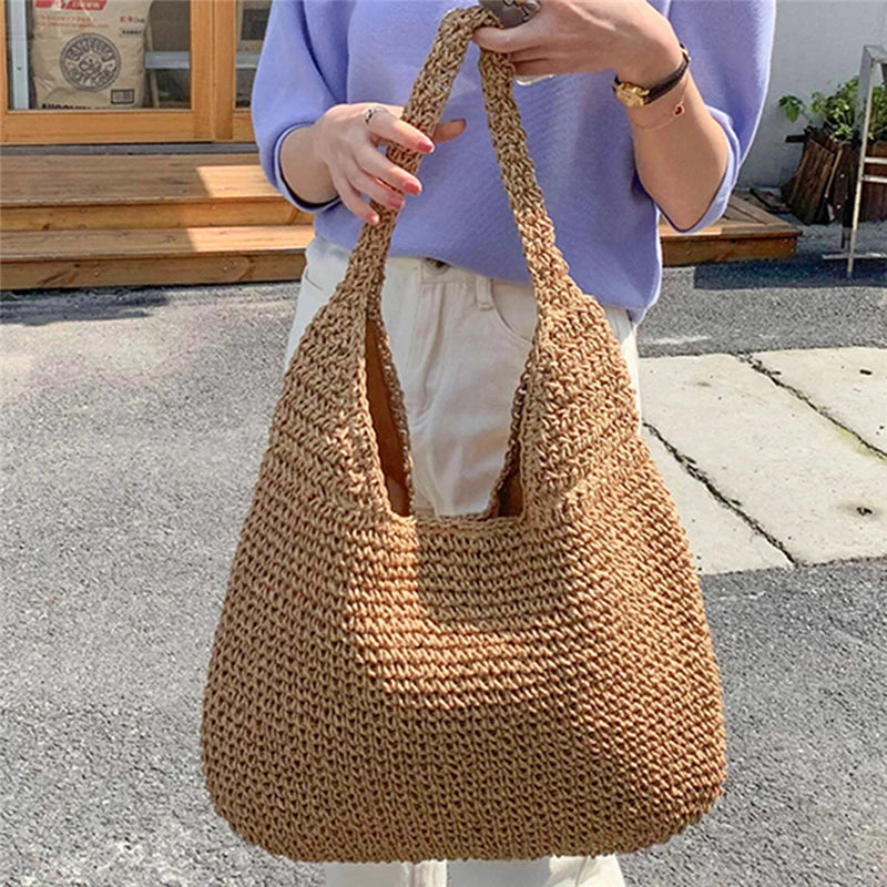 Women's Shoulder Bag in Woven Textured Polyester with Paper Lining - Spacious Shopping Bag with Two Long Handles