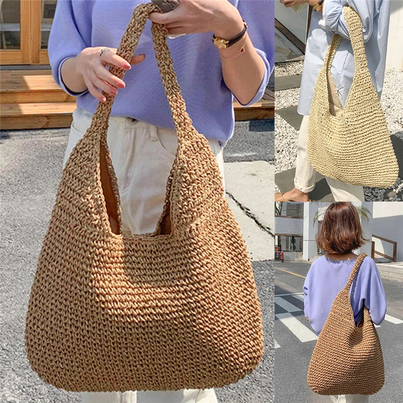 Women's Shoulder Bag in Woven Textured Polyester with Paper Lining - Spacious Shopping Bag with Two Long Handles