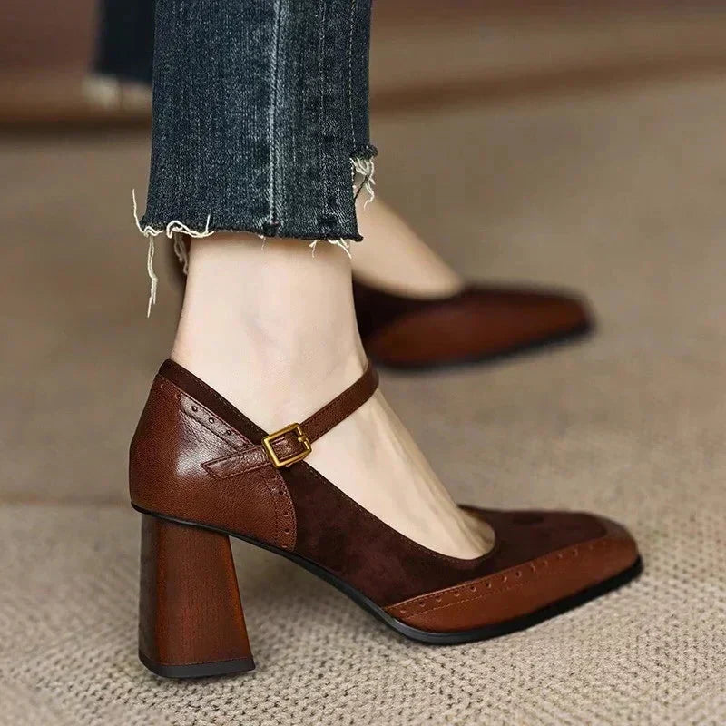Women's Square Toe Block Heel Mary Jane Shoes with Buckle Strap
