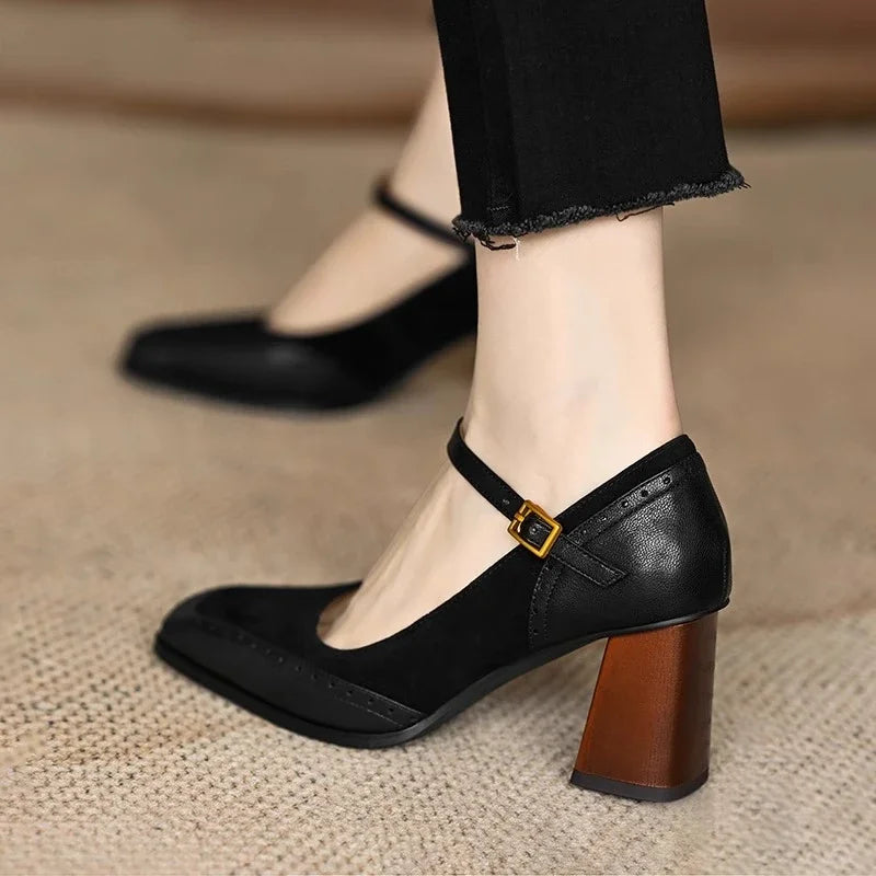 Women's Square Toe Block Heel Mary Jane Shoes with Buckle Strap
