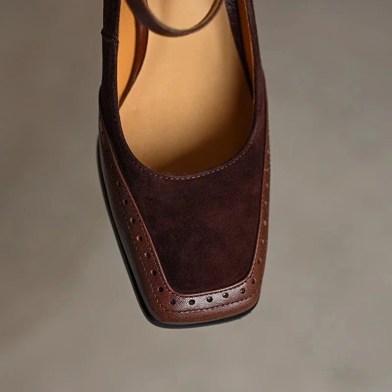 Women's Square Toe Block Heel Mary Jane Shoes with Buckle Strap