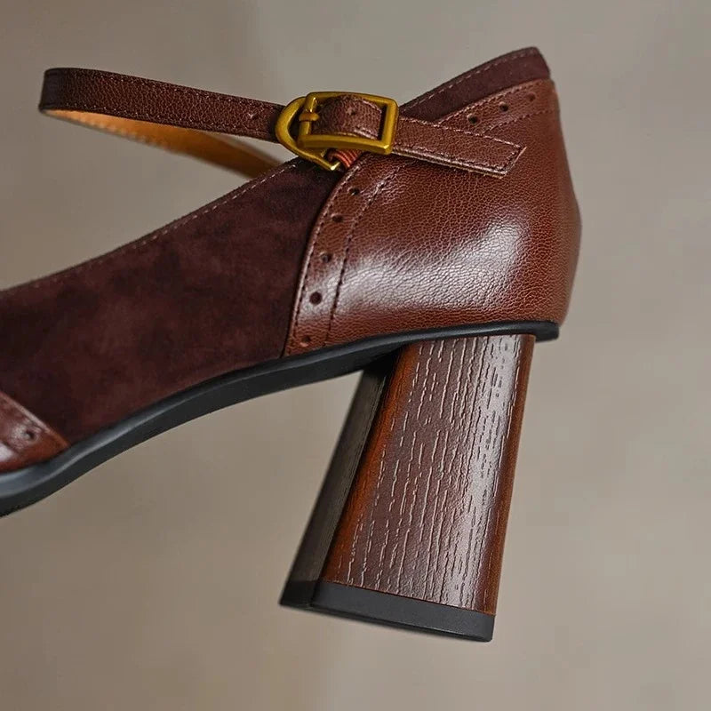 Women's Square Toe Block Heel Mary Jane Shoes with Buckle Strap