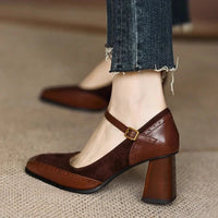 Women's Square-Toe Mary Jane Block Heel Pumps with Buckle Strap
