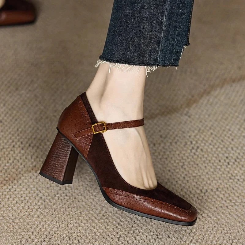 Women's Square-Toe Mary Jane Block Heel Pumps with Buckle Strap