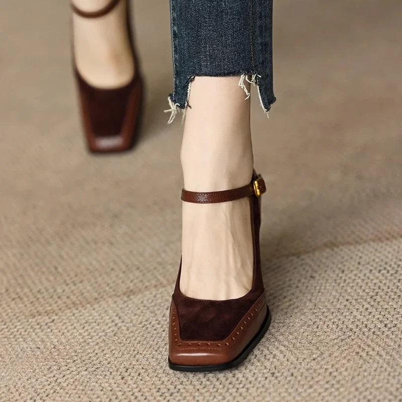 Women's Square-Toe Mary Jane Block Heel Pumps with Buckle Strap
