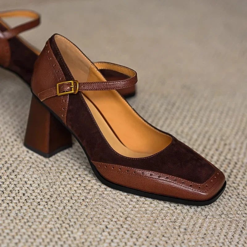 Women's Square-Toe Mary Jane Block Heel Pumps with Buckle Strap