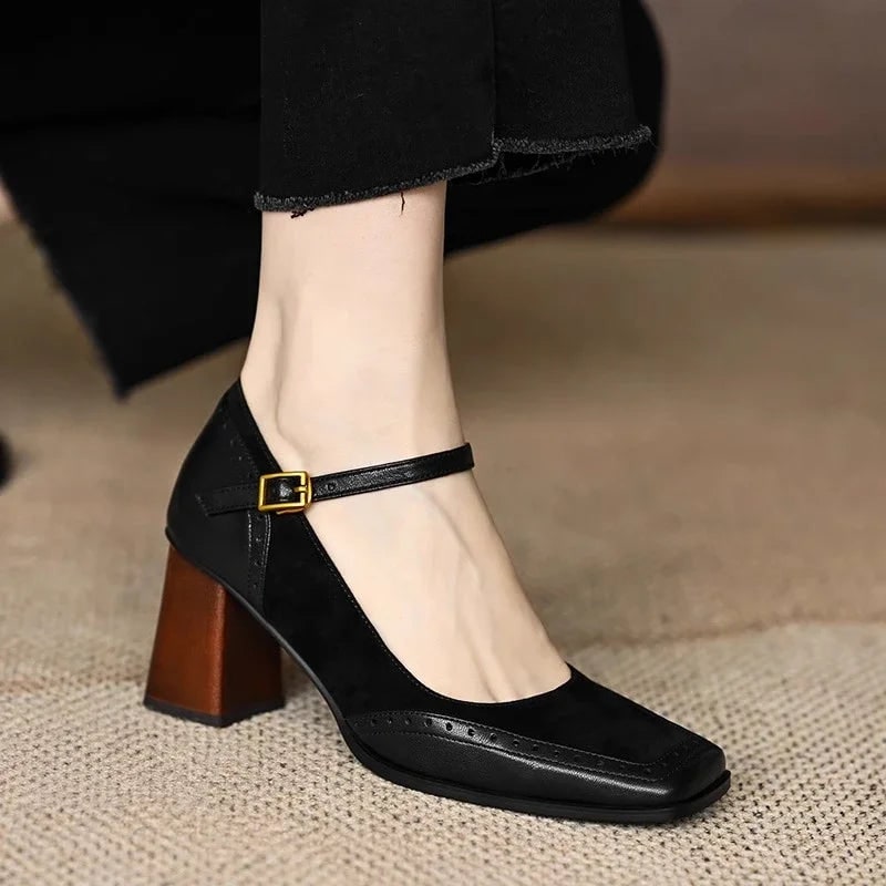 Women's Square-Toe Mary Jane Block Heel Pumps with Buckle Strap