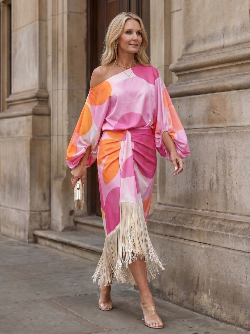 Women's Two-Piece Set – One-Shoulder Top and Fringe Wrap Midi Skirt