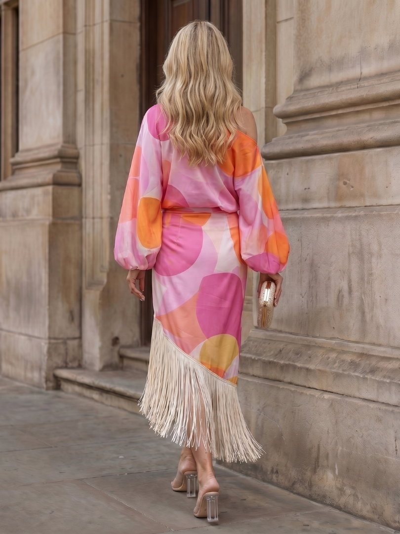 Women's Two-Piece Set – One-Shoulder Top and Fringe Wrap Midi Skirt
