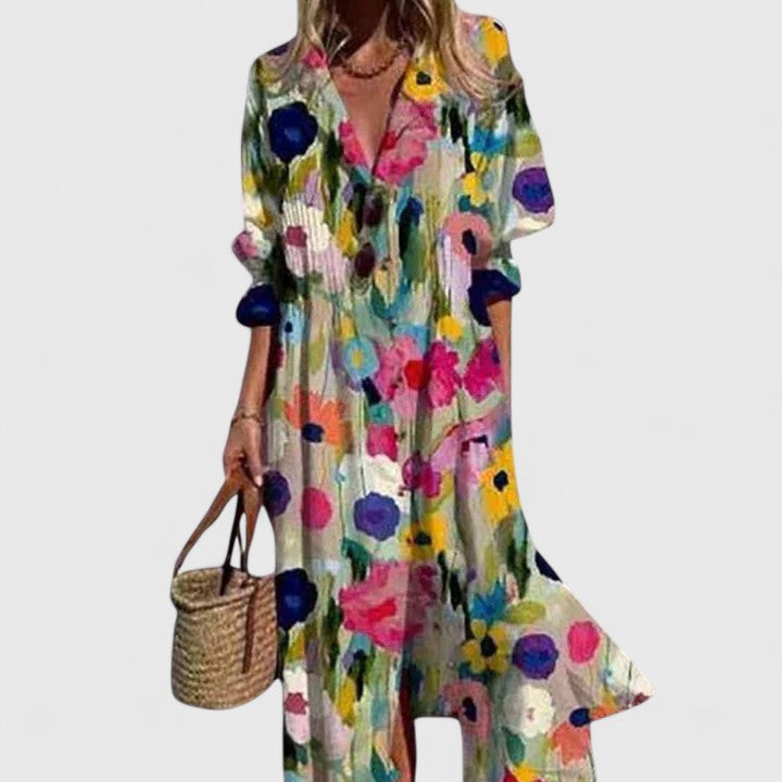 Women's V-Neck Button-Down Maxi Dress