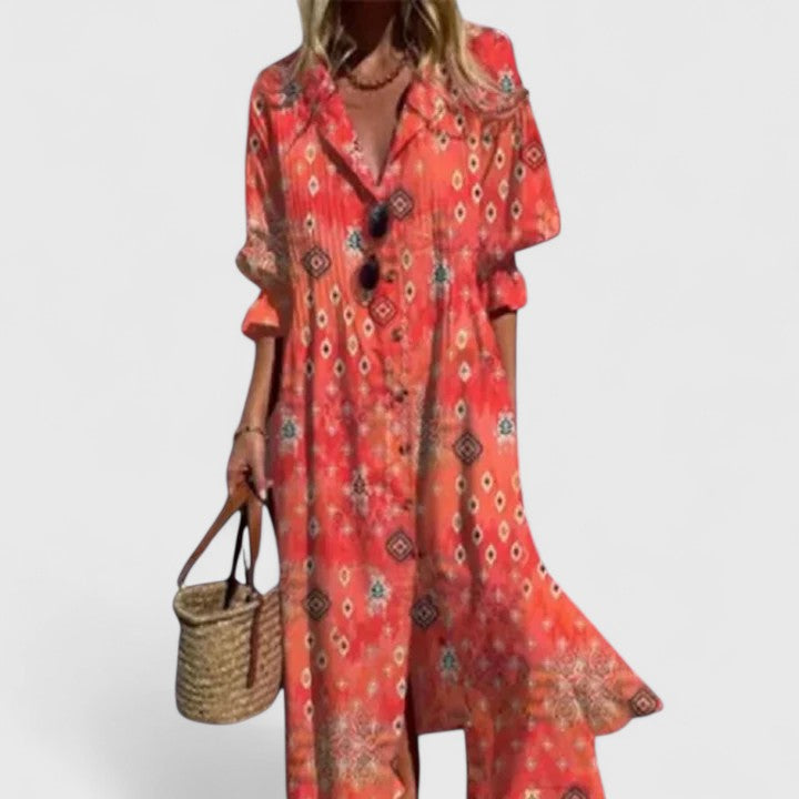 Women's V-Neck Button-Down Maxi Dress