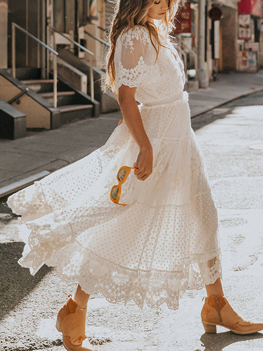Women's V-Neck Lace A-Line Midi Dress