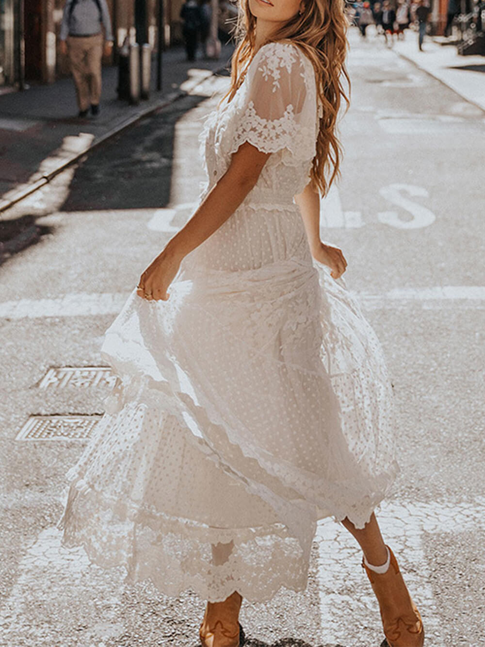 Women's V-Neck Lace A-Line Midi Dress