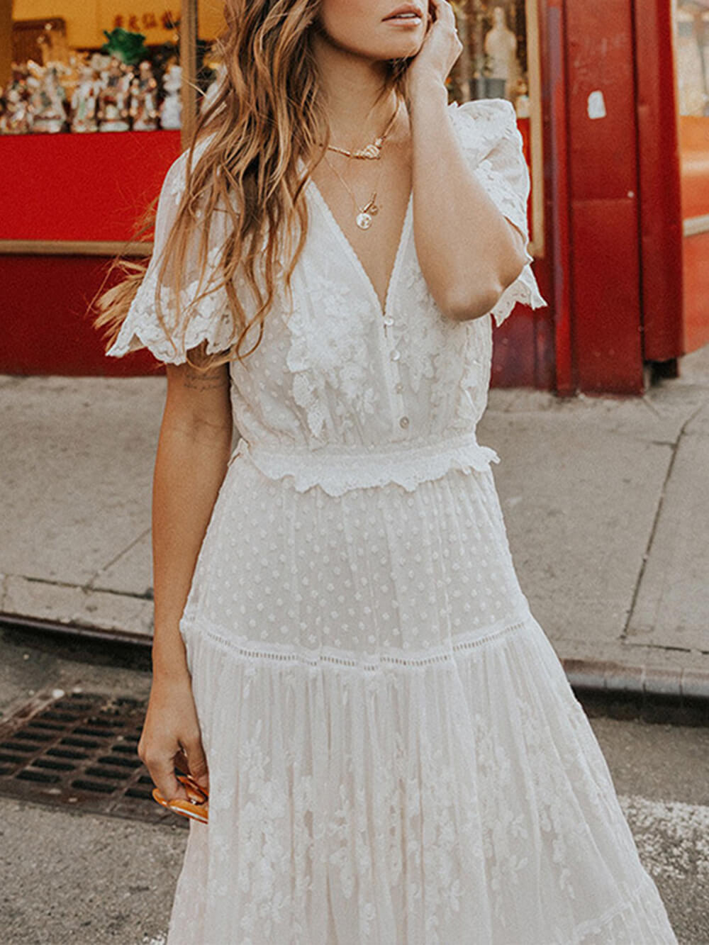 Women's V-Neck Lace A-Line Midi Dress