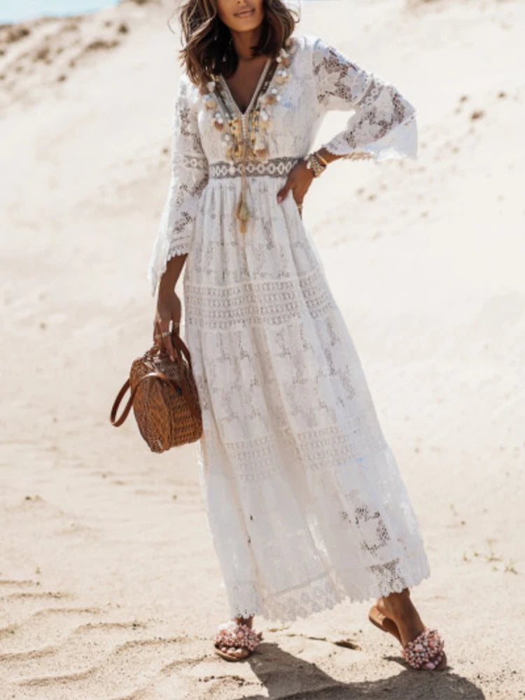 Women's V-Neck Lace Maxi Dress