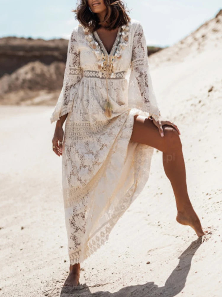 Women's V-Neck Lace Maxi Dress