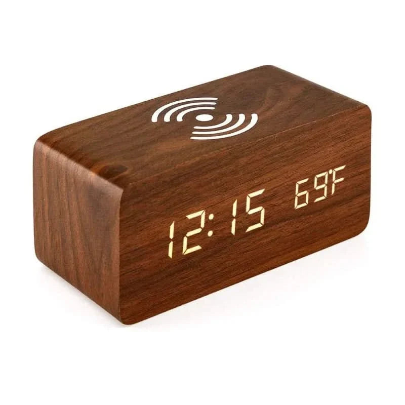 Wooden Digital Alarm Clock with Wireless Charging