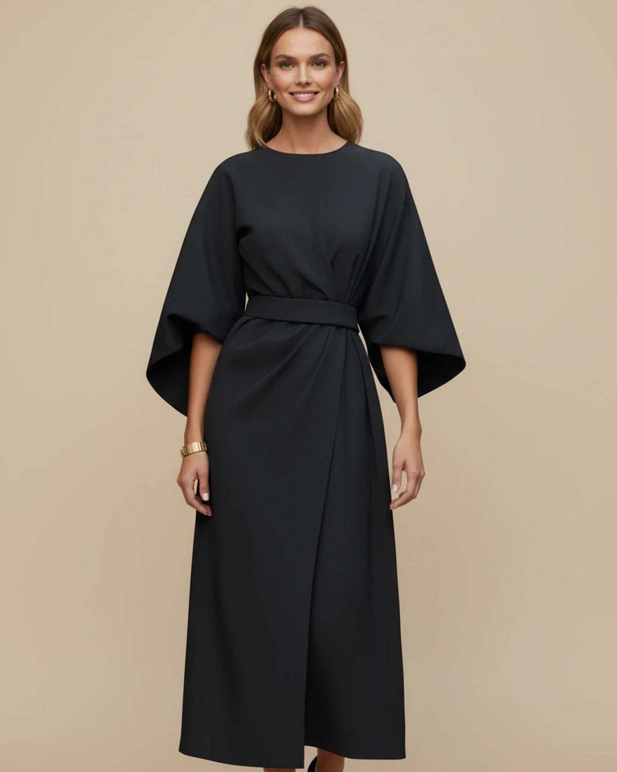 Wrap Midi Dress with Puff Sleeves