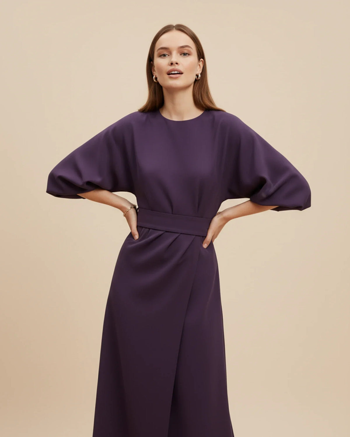 Wrap Midi Dress with Puff Sleeves