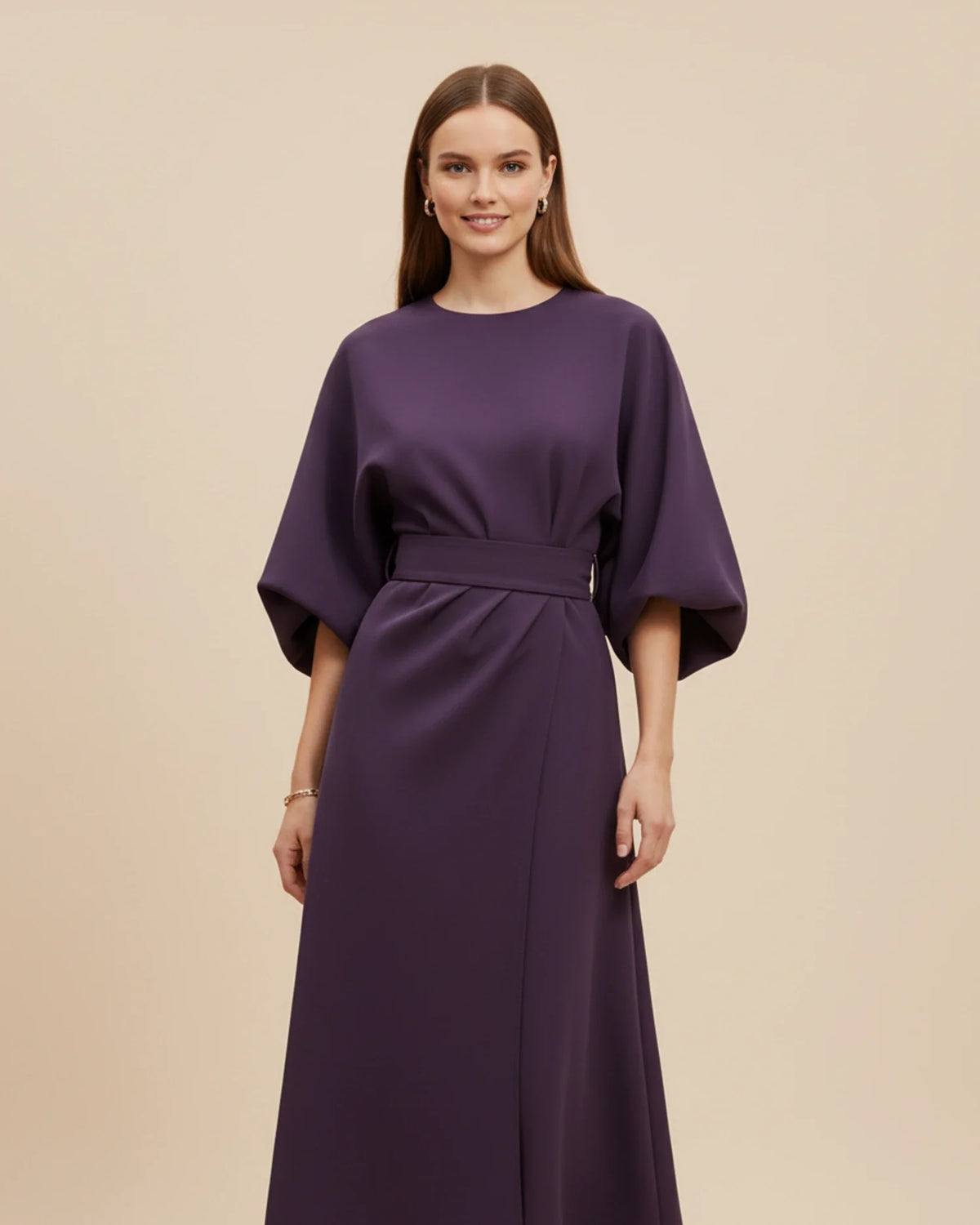 Wrap Midi Dress with Puff Sleeves