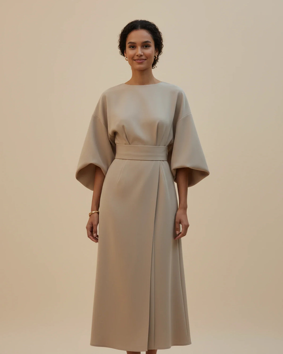 Wrap Midi Dress with Puff Sleeves
