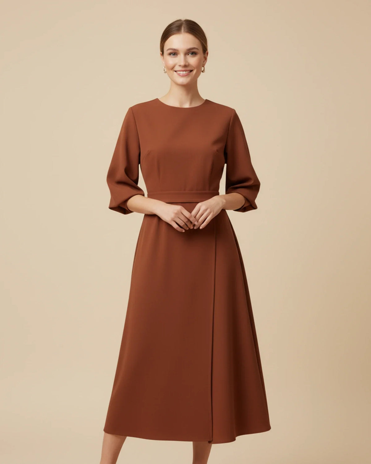 Wrap Midi Dress with Puff Sleeves