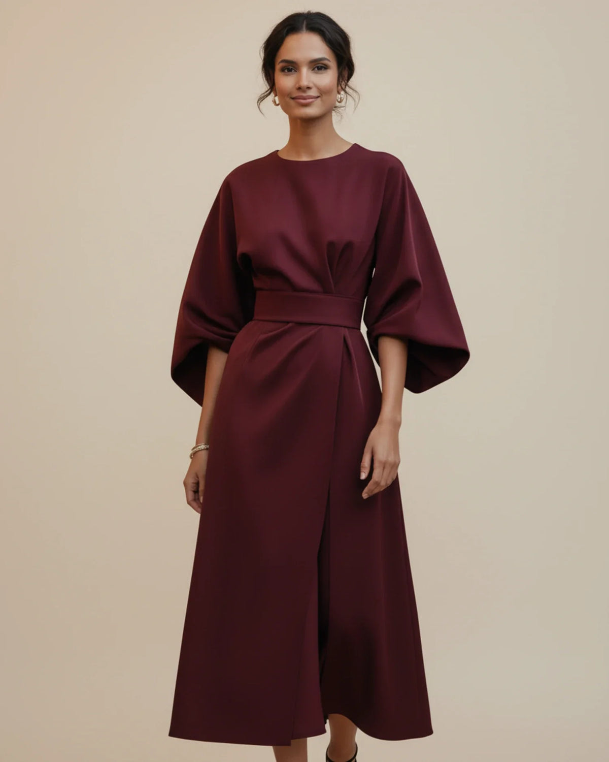 Wrap Midi Dress with Puff Sleeves